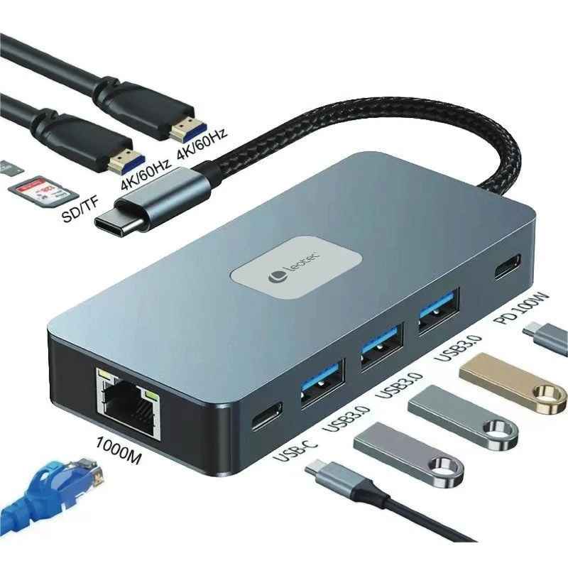 Docking USB Tipo-C Leotec LEDS02 - 1xRJ45 - 1xLector Tarjetas SD y MicroSD - Gris
